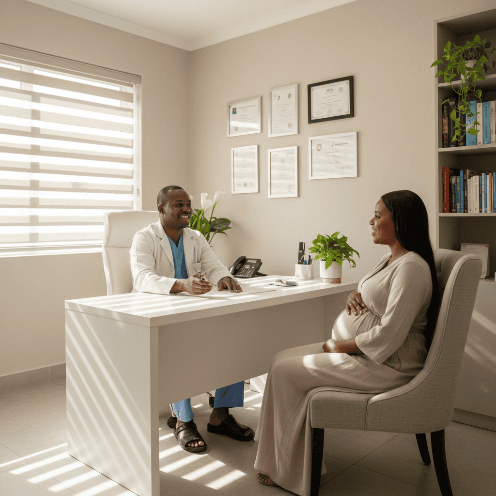 A kind maternity specialist durban berea area consulting with an expectant mother in a bright clinic.