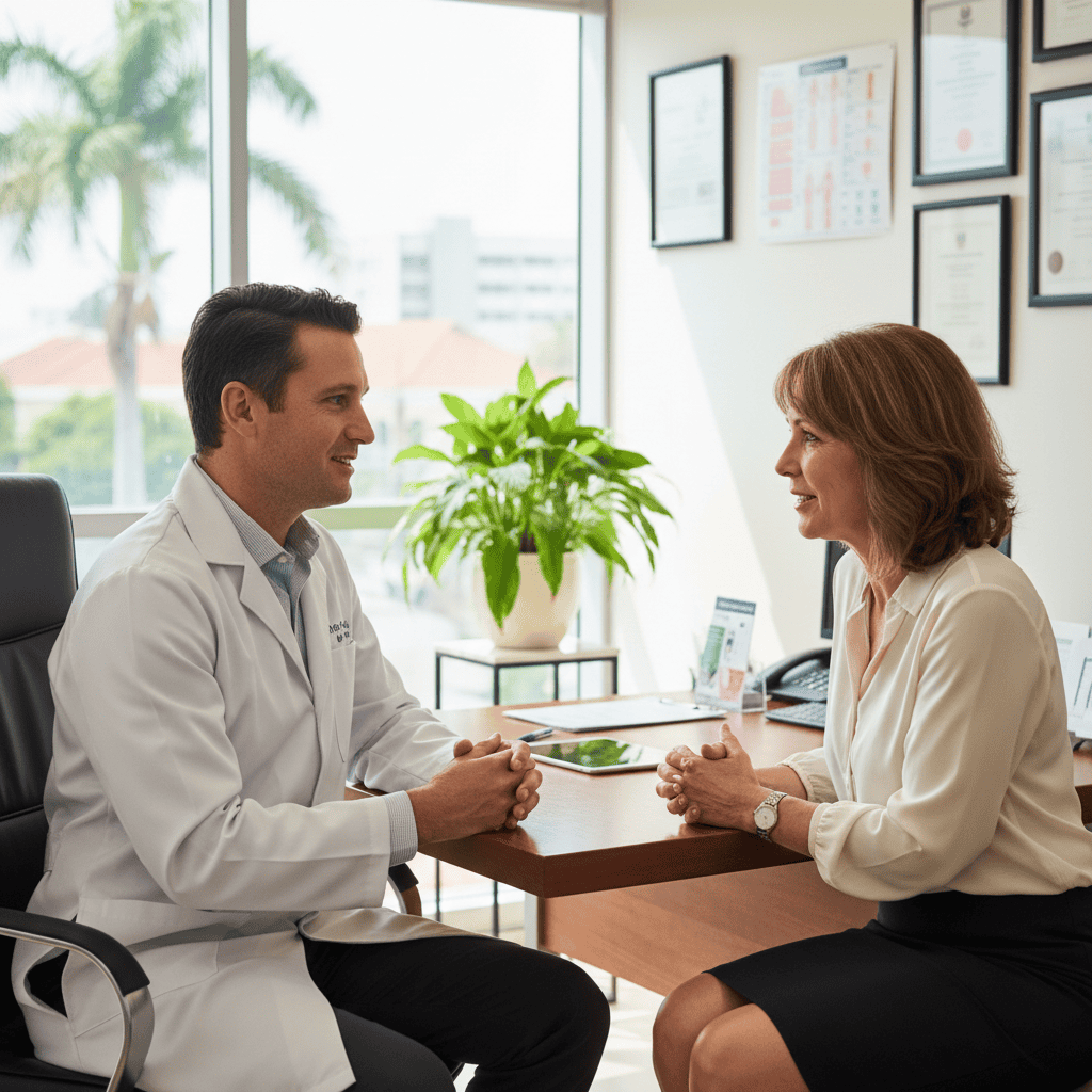 A compassionate consultation with a menopause management durban specialist in a modern medical office.