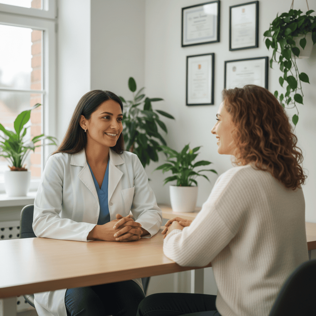 A patient and specialist during a contraception consultation durban gynecologist session in a modern medical office.