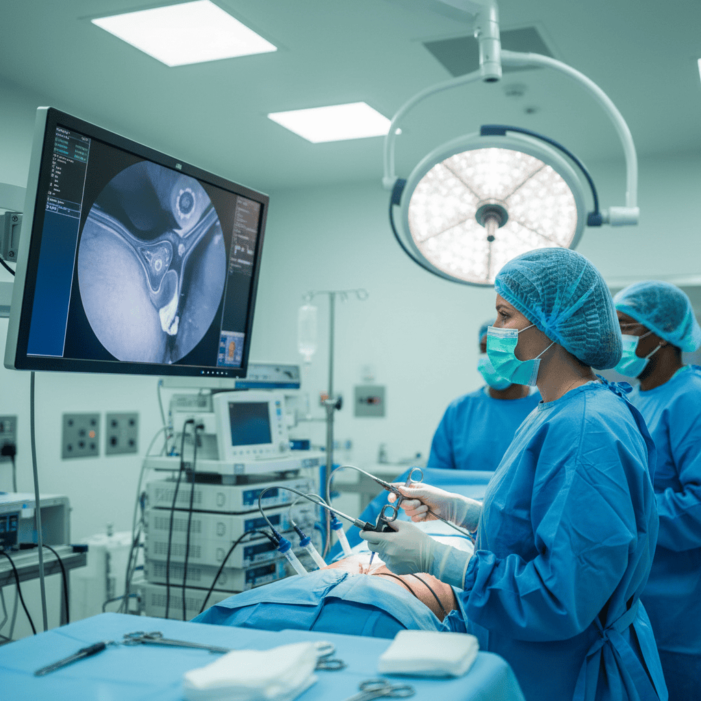 Expert laparoscopic surgery gynecologist durban viewing high-definition monitors during a procedure.
