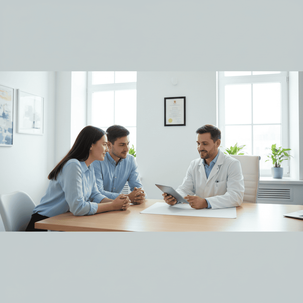 A compassionate fertility specialist durban south africa consulting with a hopeful young couple in a modern clinic.