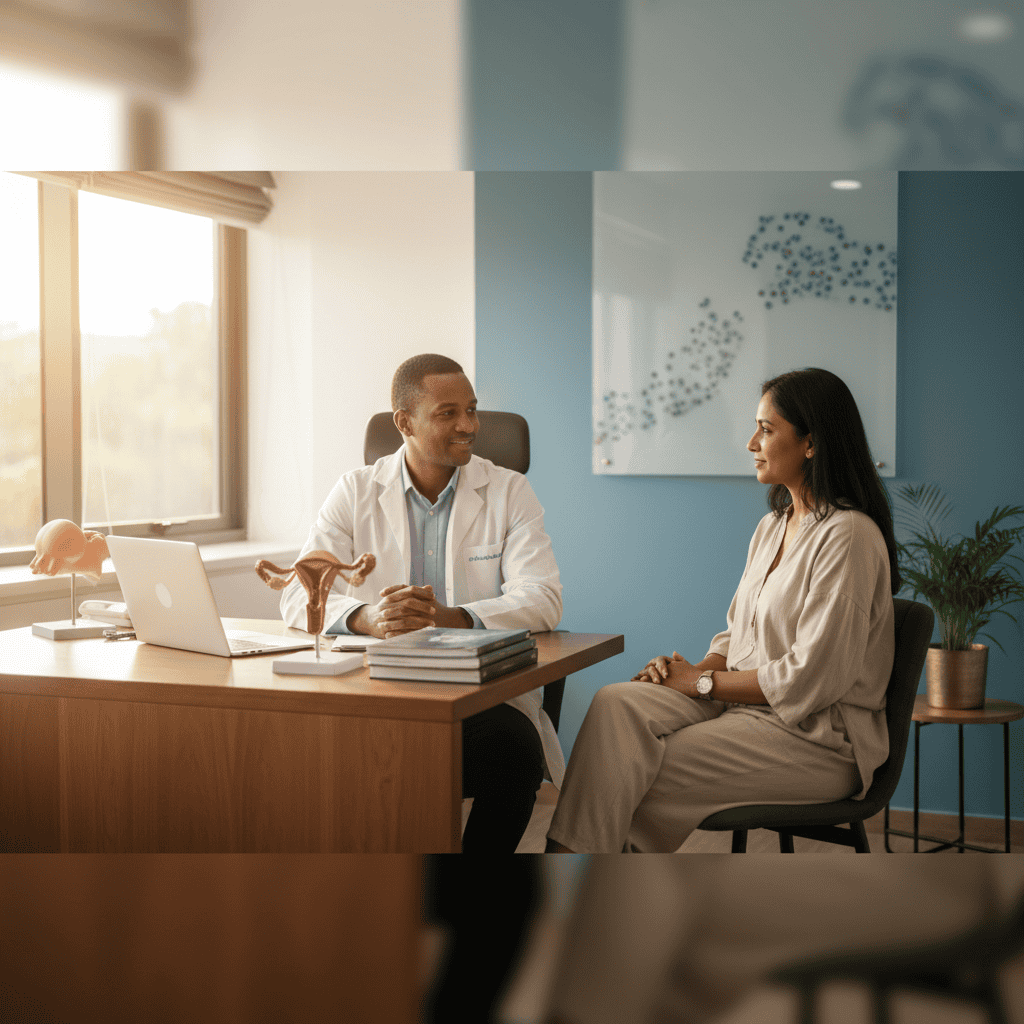 Professional gynecological consultation with an ovarian cancer specialist durban in a modern medical office.