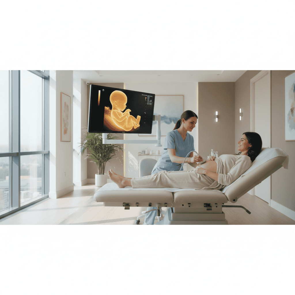Pregnant woman viewing monitor during a session at our 3d ultrasound scan durban gynecologist clinic.