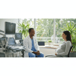 A caring safe delivery obstetrician durban consulting with a pregnant woman in a modern medical office.