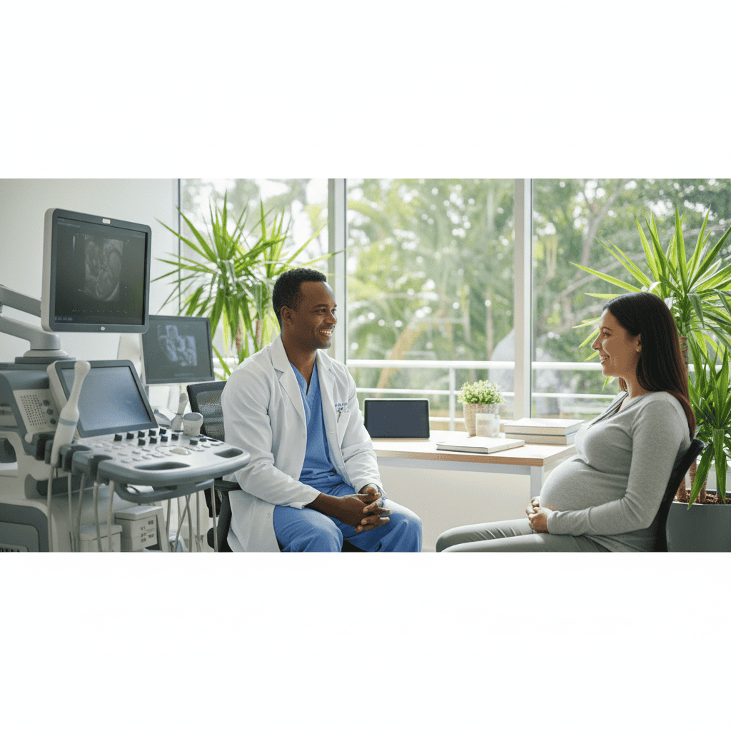A caring safe delivery obstetrician durban consulting with a pregnant woman in a modern medical office.
