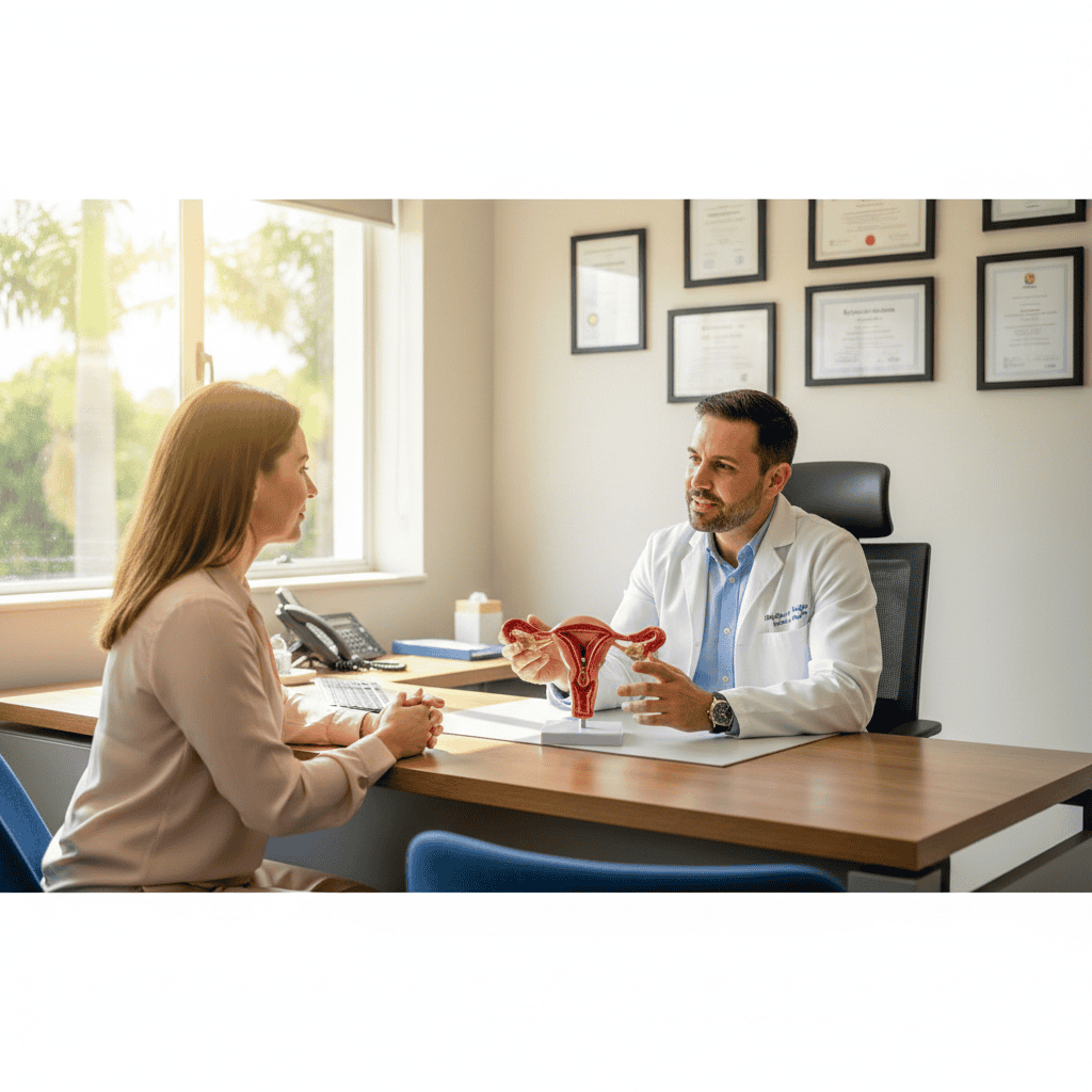 A professional gynecologist explaining fibroid removal surgery durban to a patient in a modern medical office.
